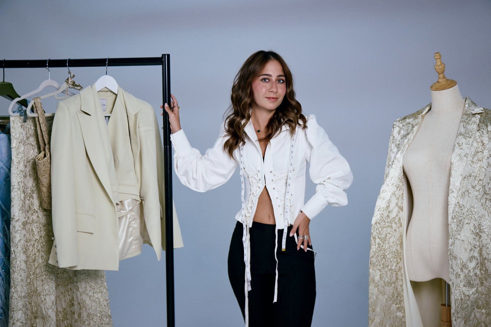 Yara Azar in the Maison Yara studio with garments